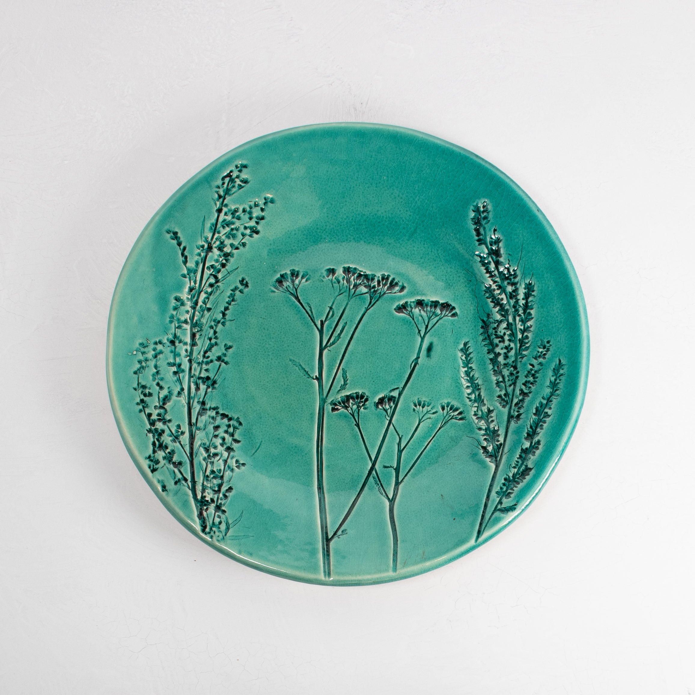 Glazed Ceramic Plate - Teal Wildflower
