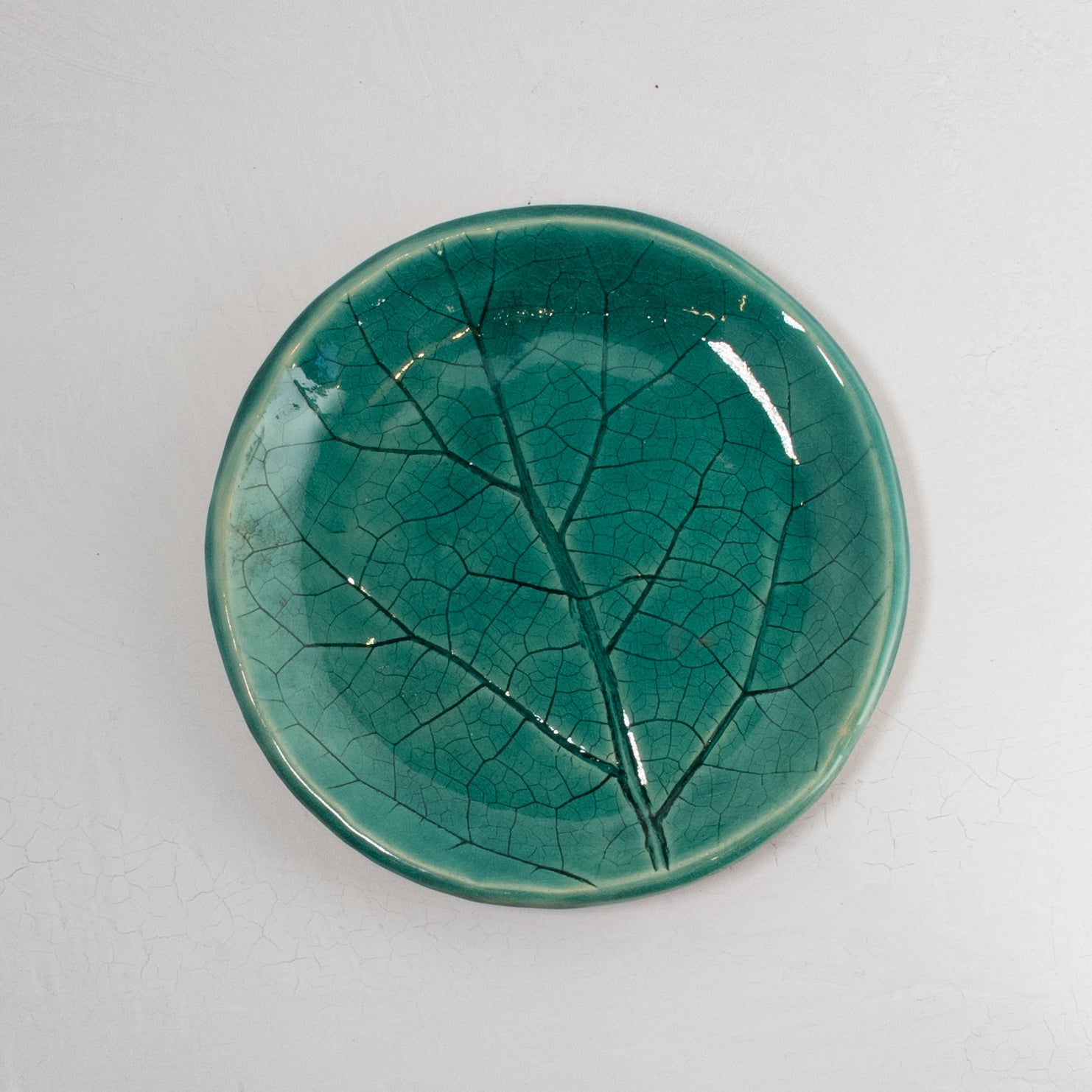 Glazed Ceramic Plate - Teal Leaf (Small)