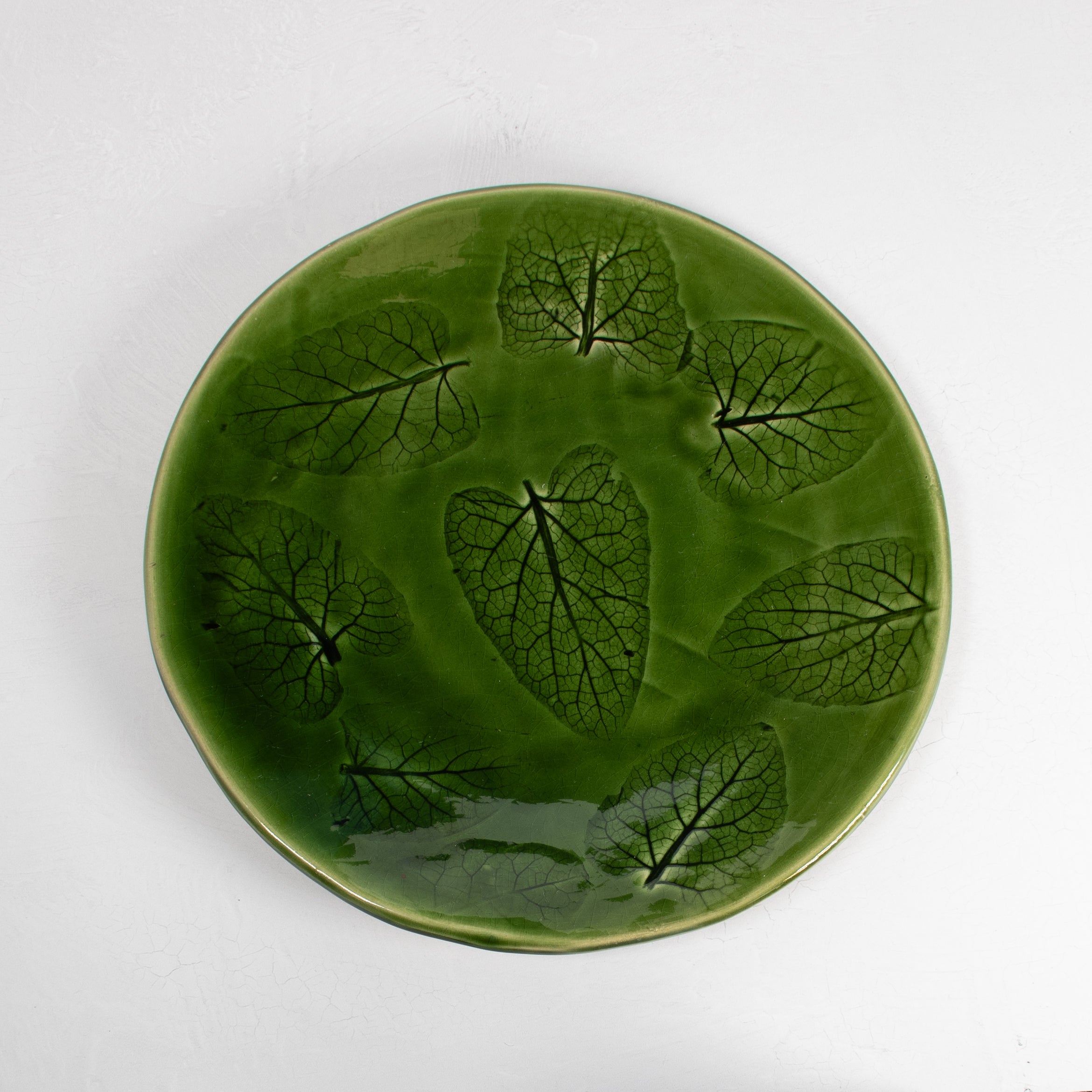 Glazed Ceramic Plate - Dark Emerald Leaf
