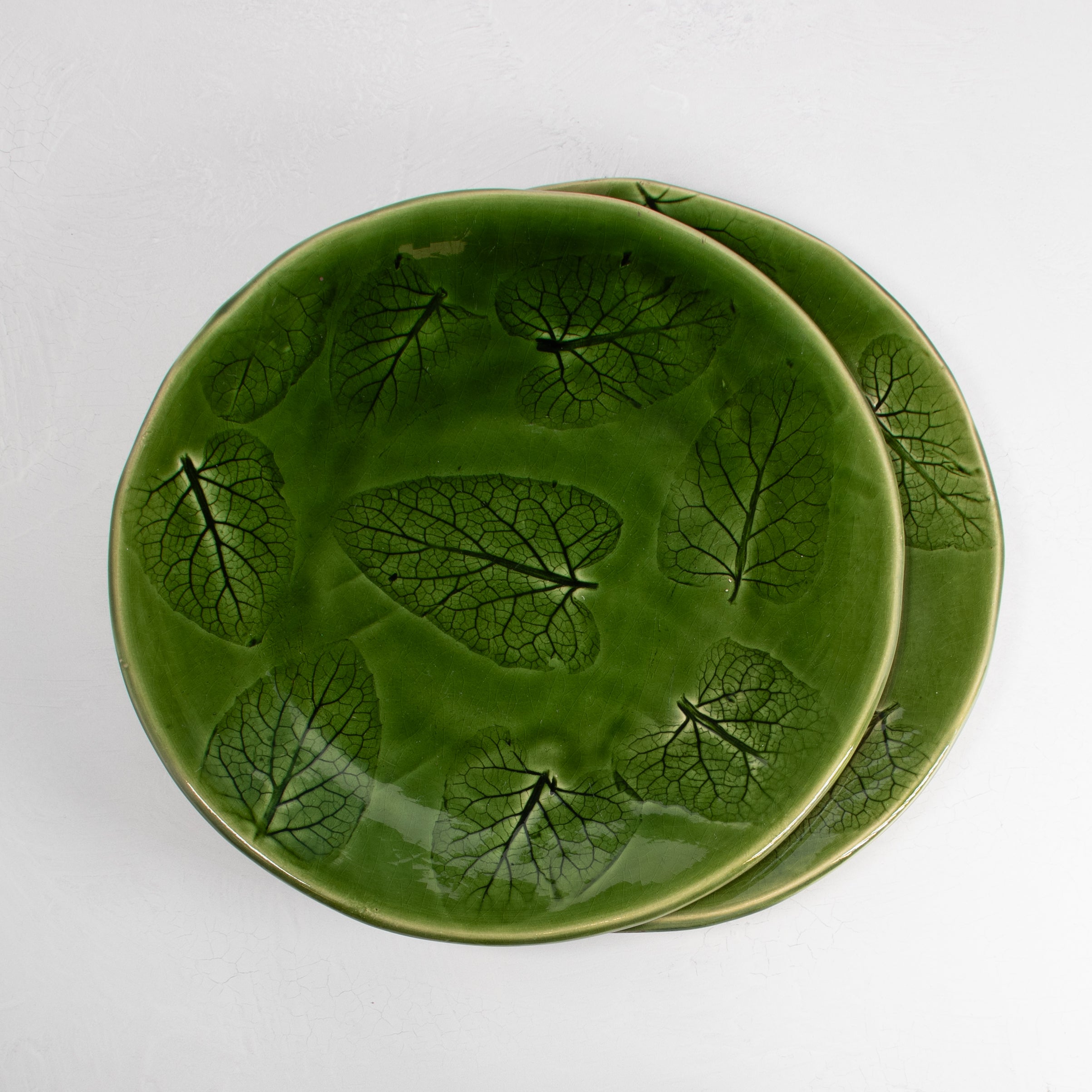 Glazed Ceramic Plate - Dark Emerald Leaf