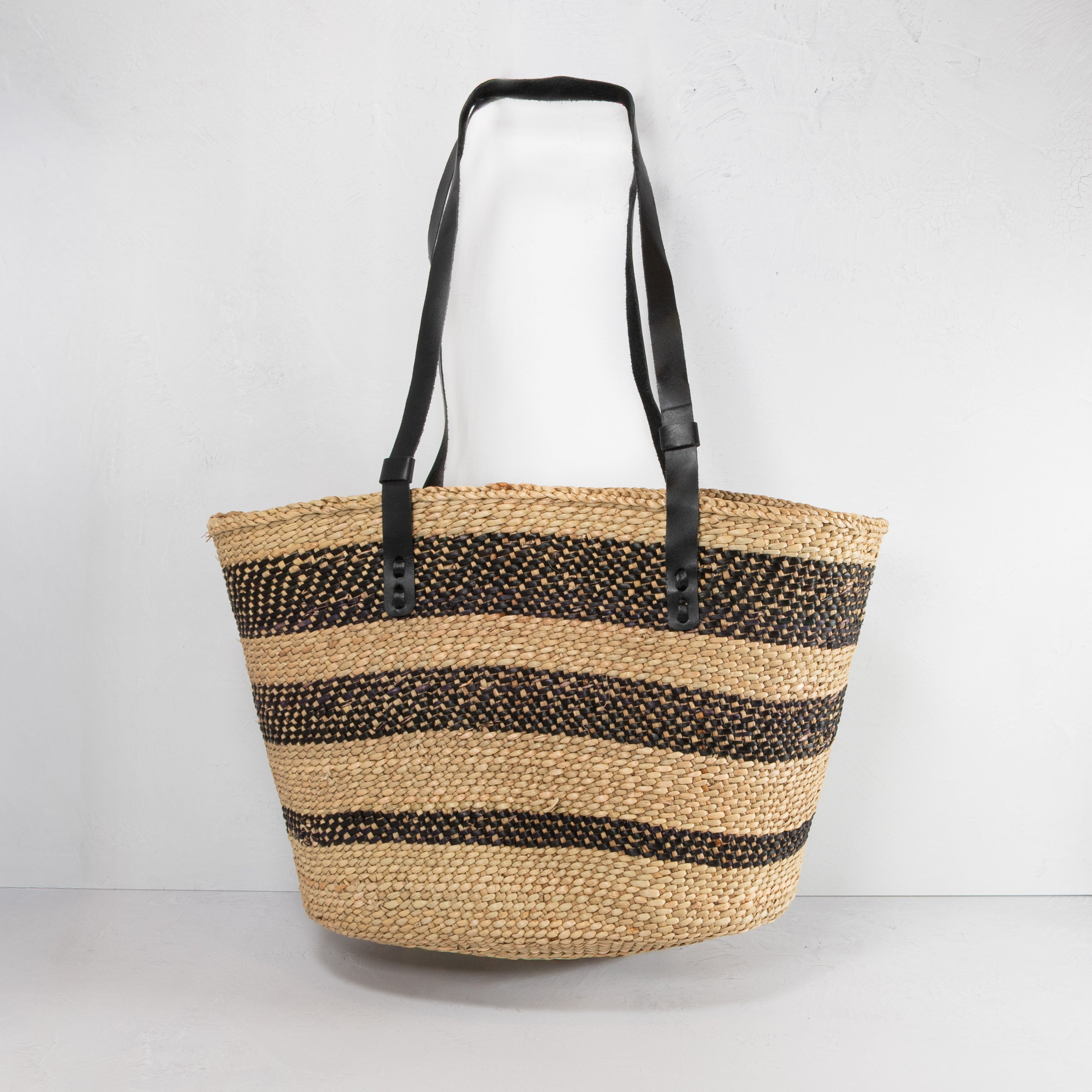 Open-Weave Striped Tote with Leather Strap