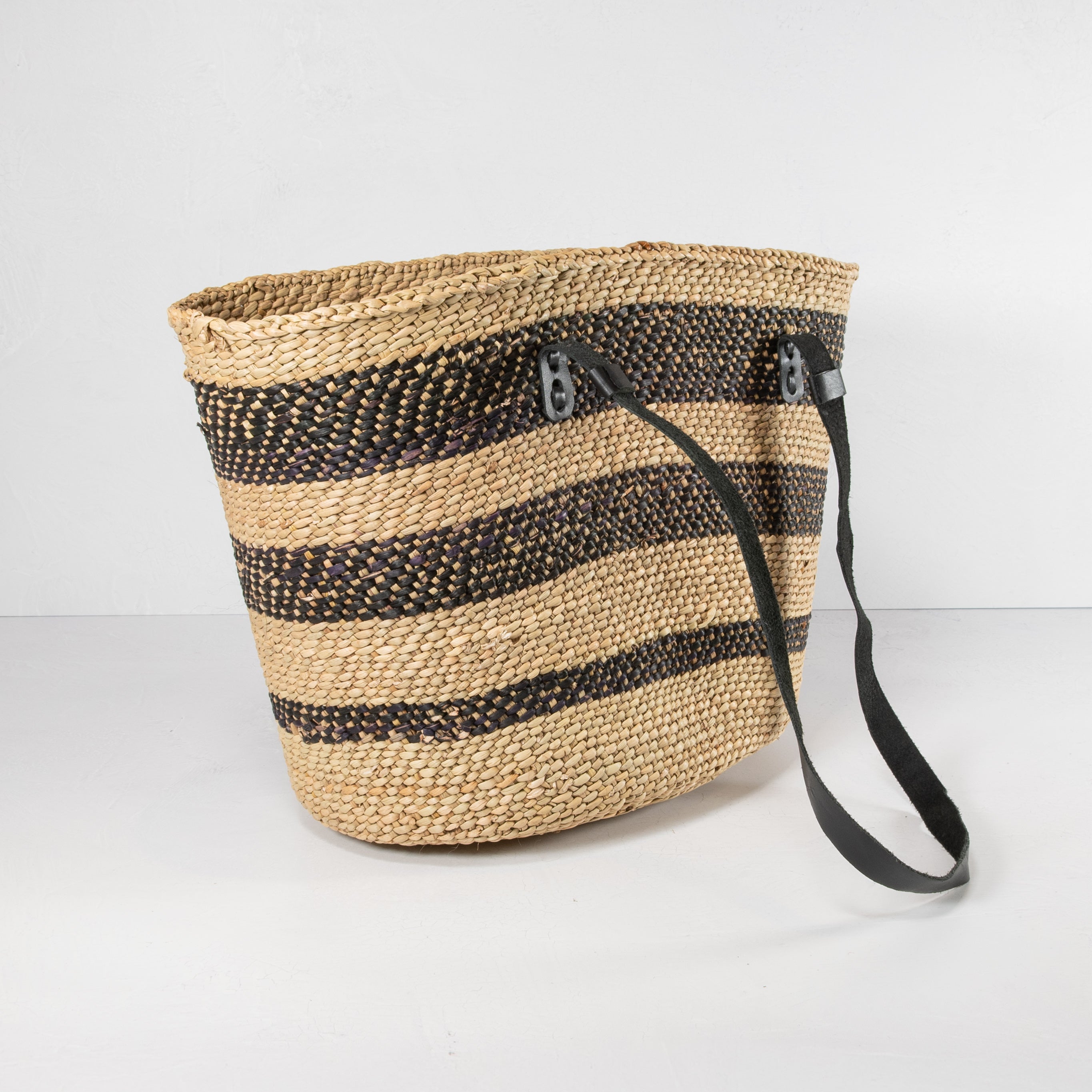 Open-Weave Striped Tote with Leather Strap