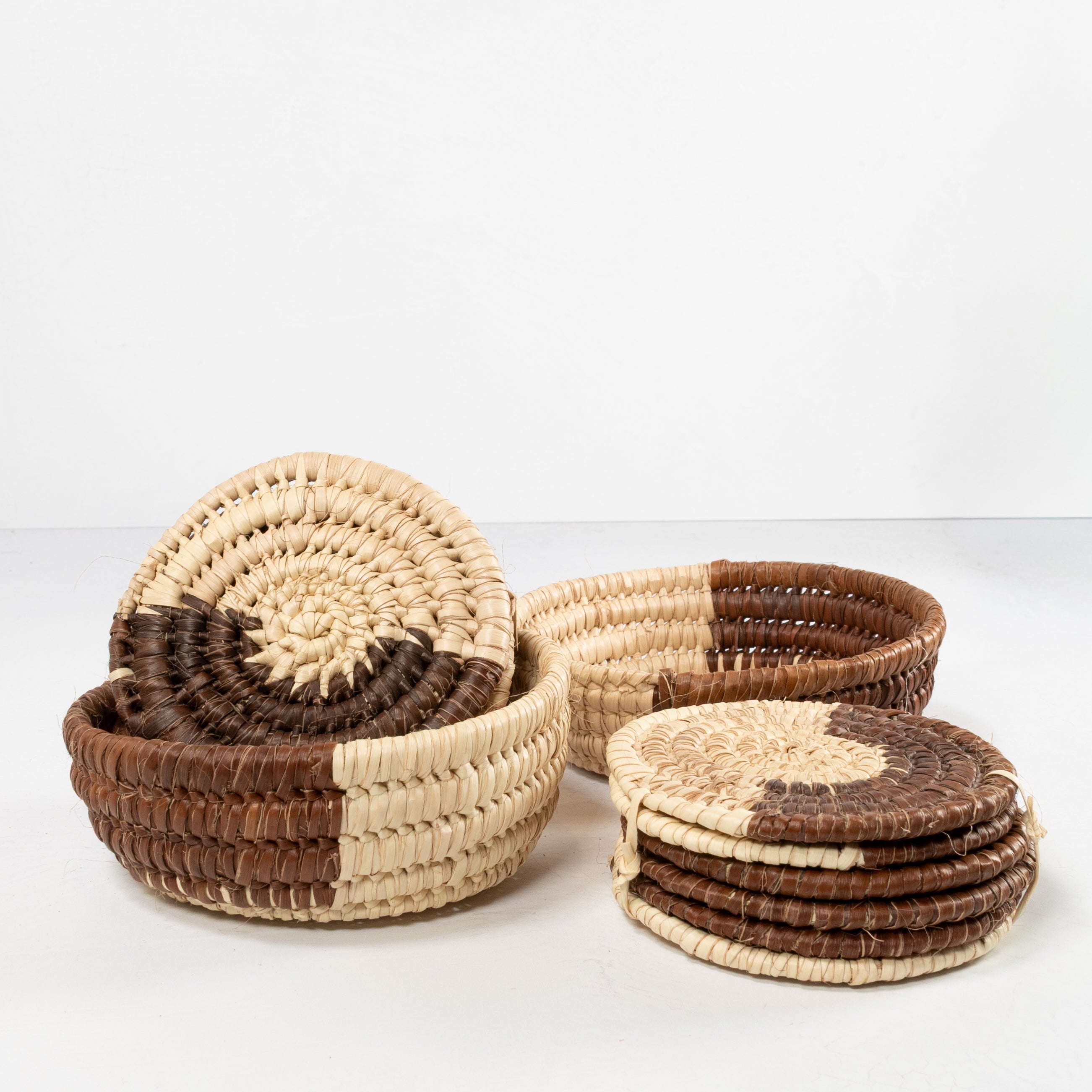Handwoven Coaster Set - Natural & Brown (Set of 6 with Basket)