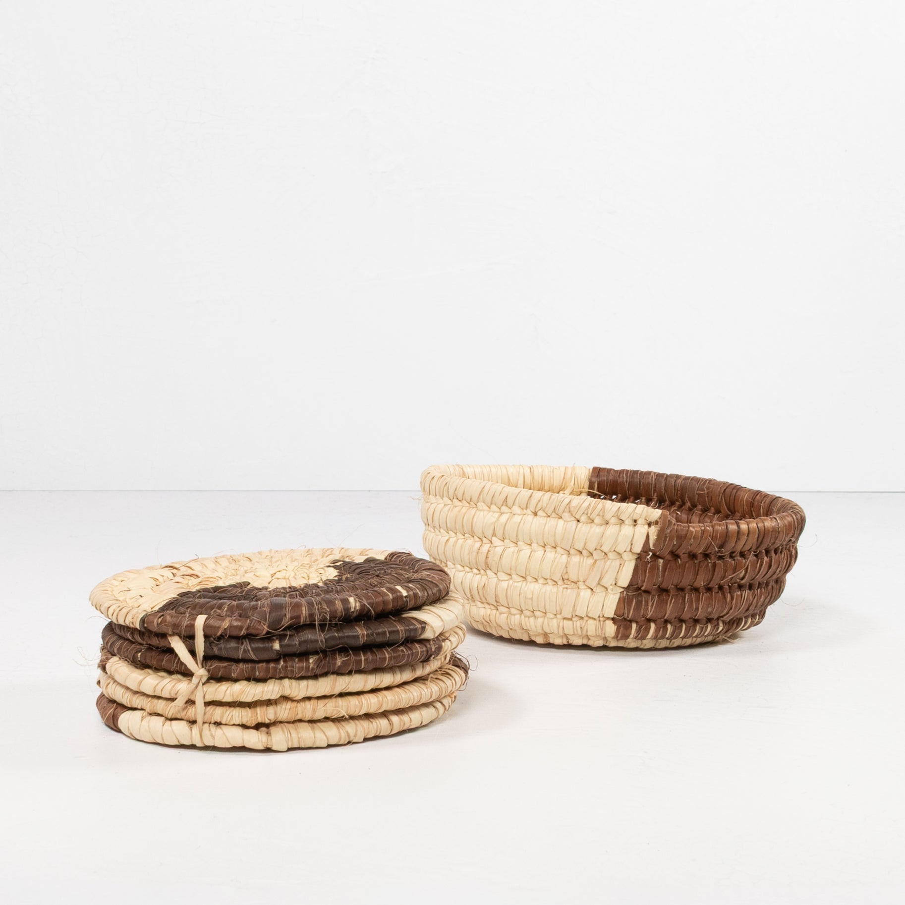 Handwoven Coaster Set - Natural & Brown (Set of 6 with Basket)