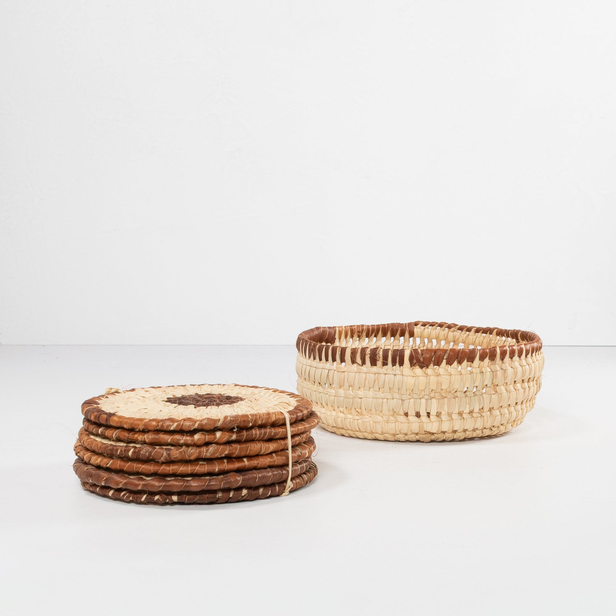 Handwoven Coaster Set - Natural & Brown (Set of 6 with Basket)