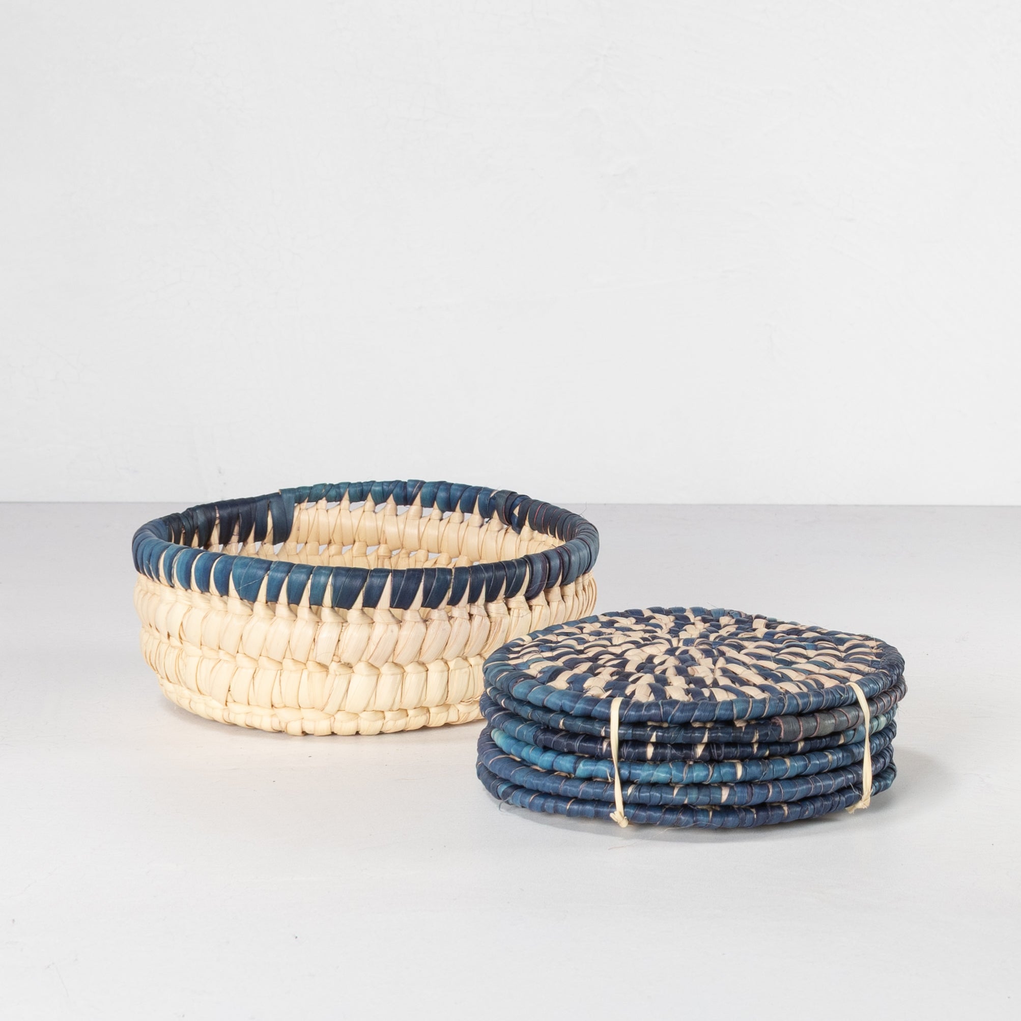 Handwoven Coaster Set - Natural & Blue (Set of 6 with Basket)