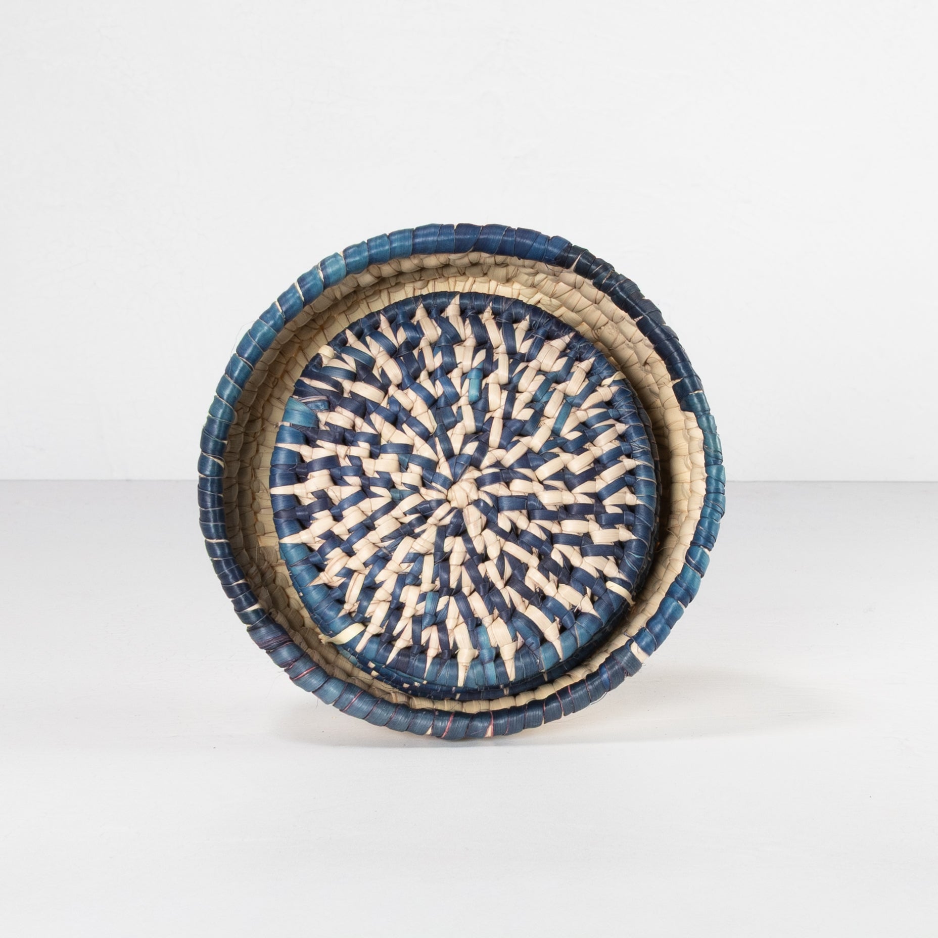 Handwoven Coaster Set - Natural & Blue (Set of 6 with Basket)