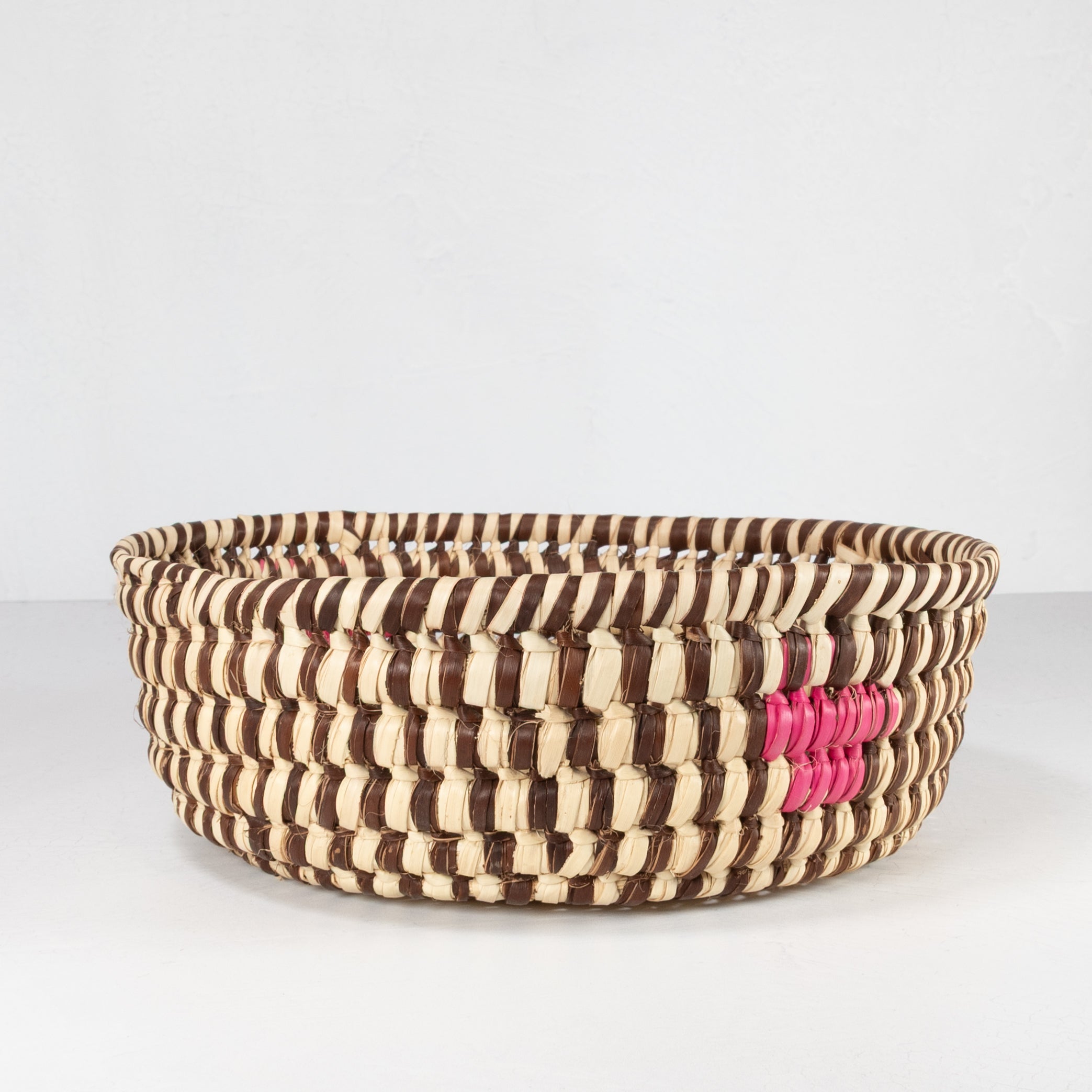 Handwoven Catchall Basket - Natural with Brown & Pink Accents