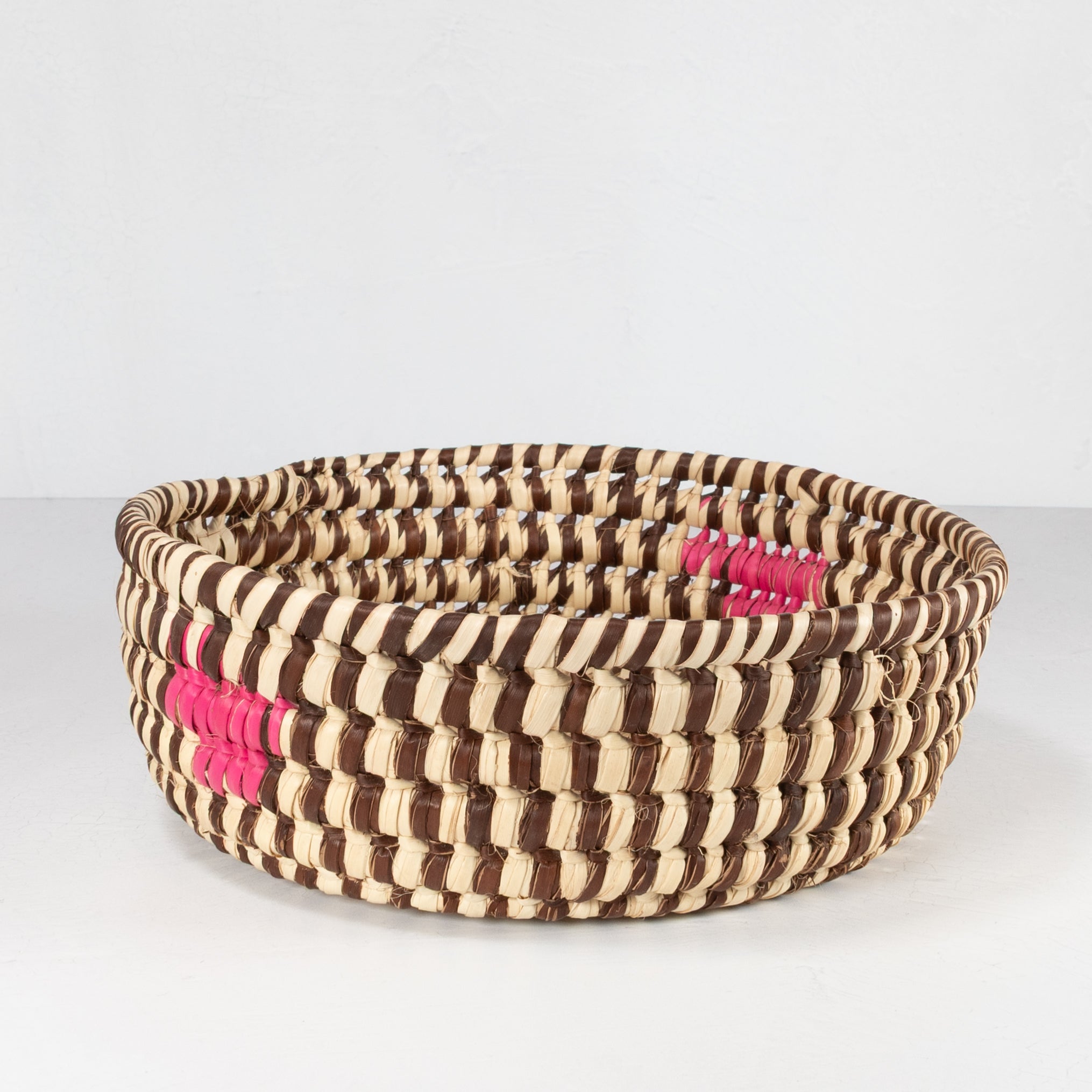 Handwoven Catchall Basket - Natural with Brown & Pink Accents