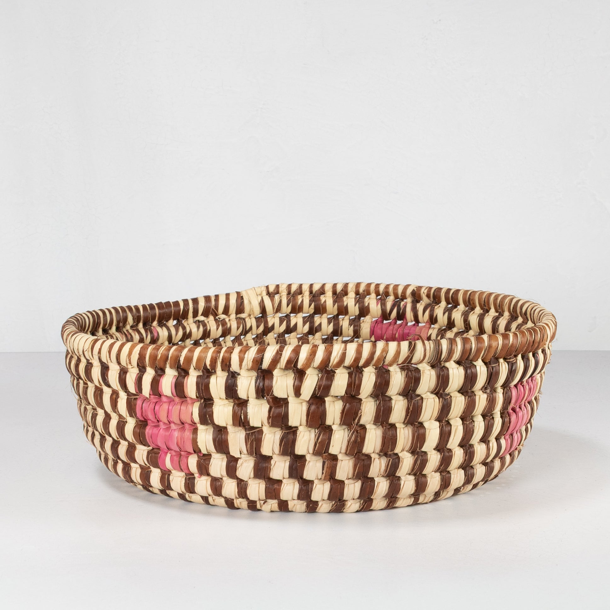 Handwoven Catchall Basket - Natural with Brown & Pink Accents