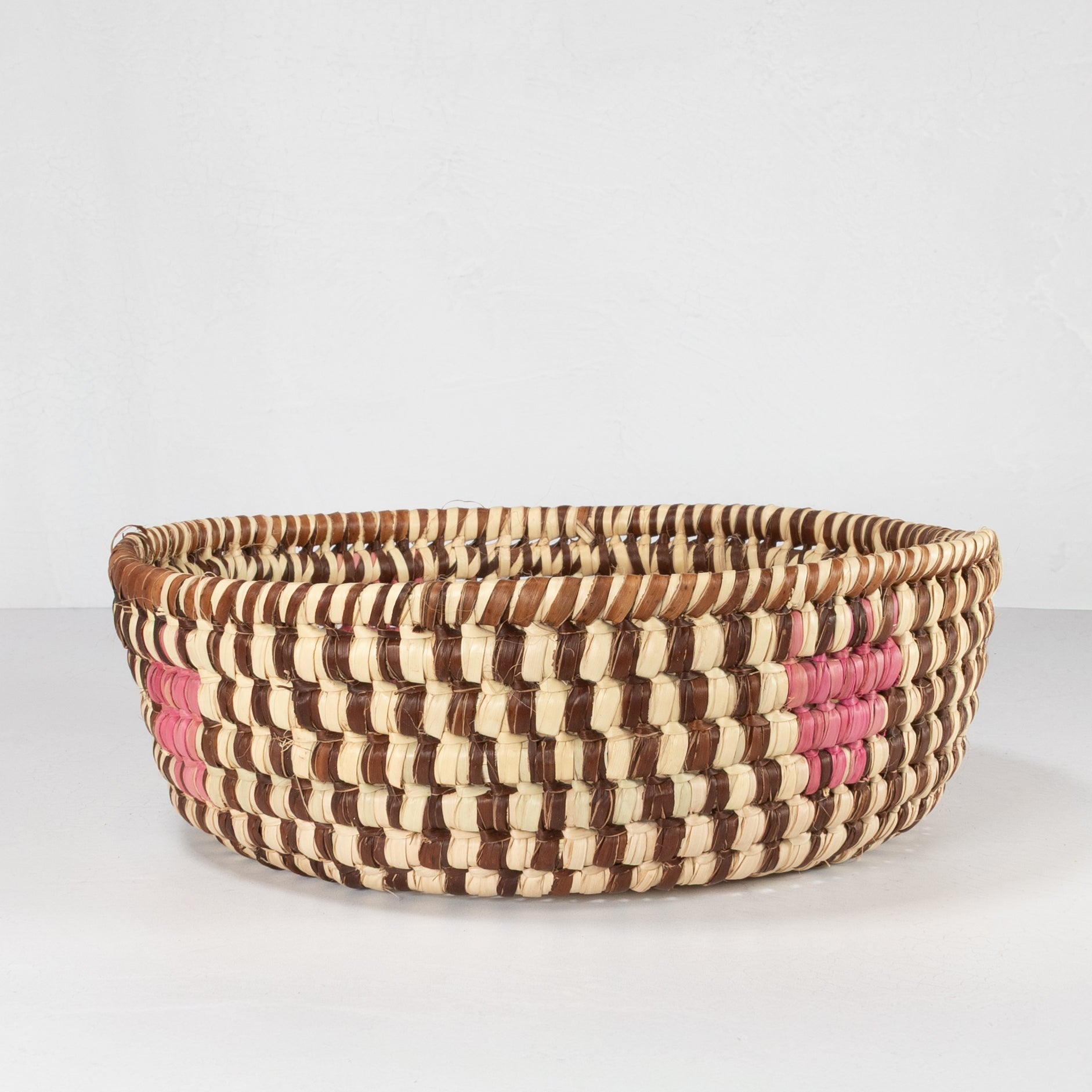 Handwoven Catchall Basket - Natural with Brown & Pink Accents