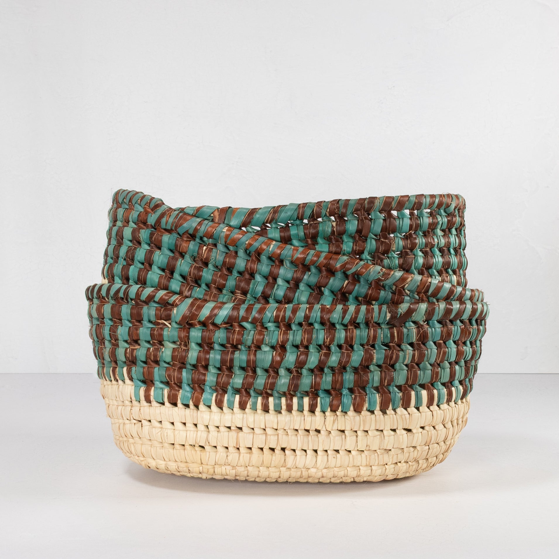 Handwoven Oval Basket - Teal, Brown & Natural