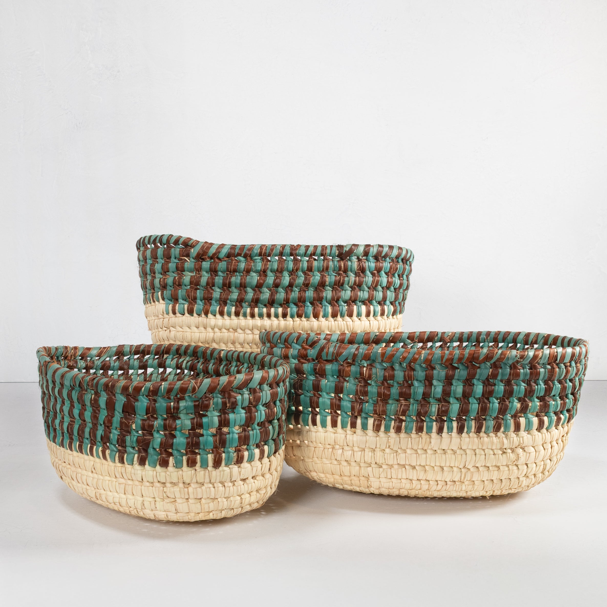 Handwoven Oval Basket - Teal, Brown & Natural