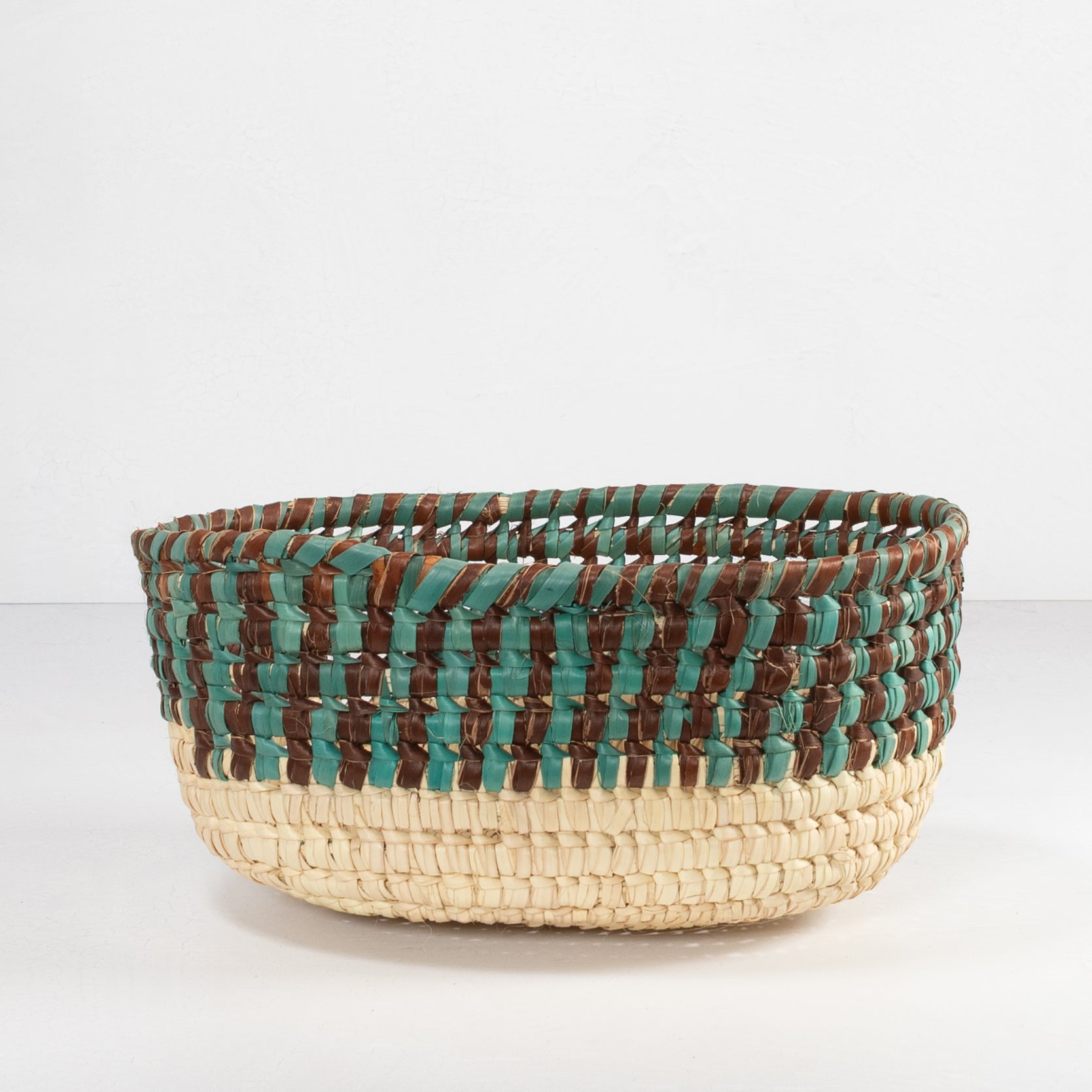 Handwoven Oval Basket - Teal, Brown & Natural