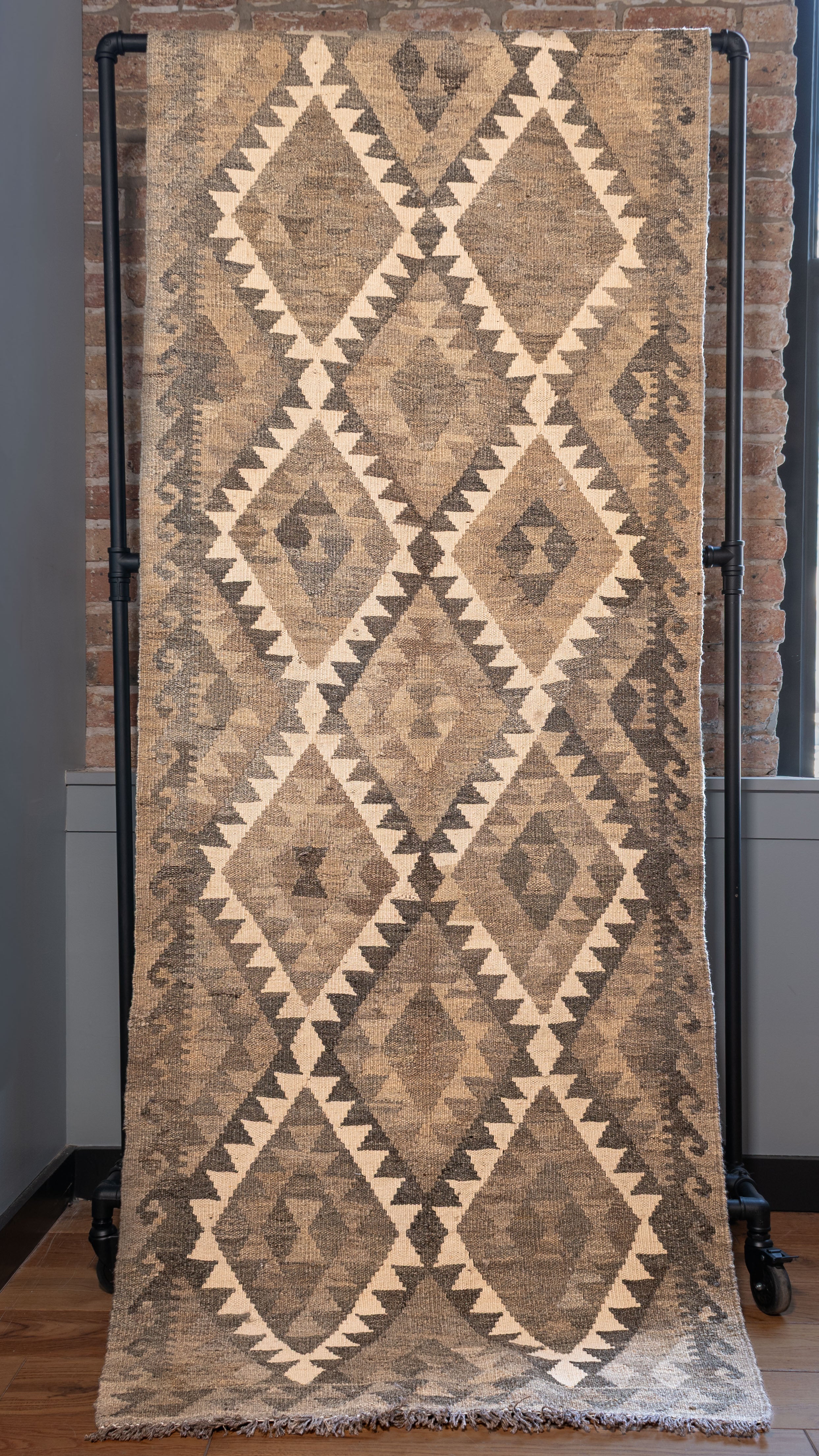 Afghan Kilim Grey & Ivory Geometric Runner