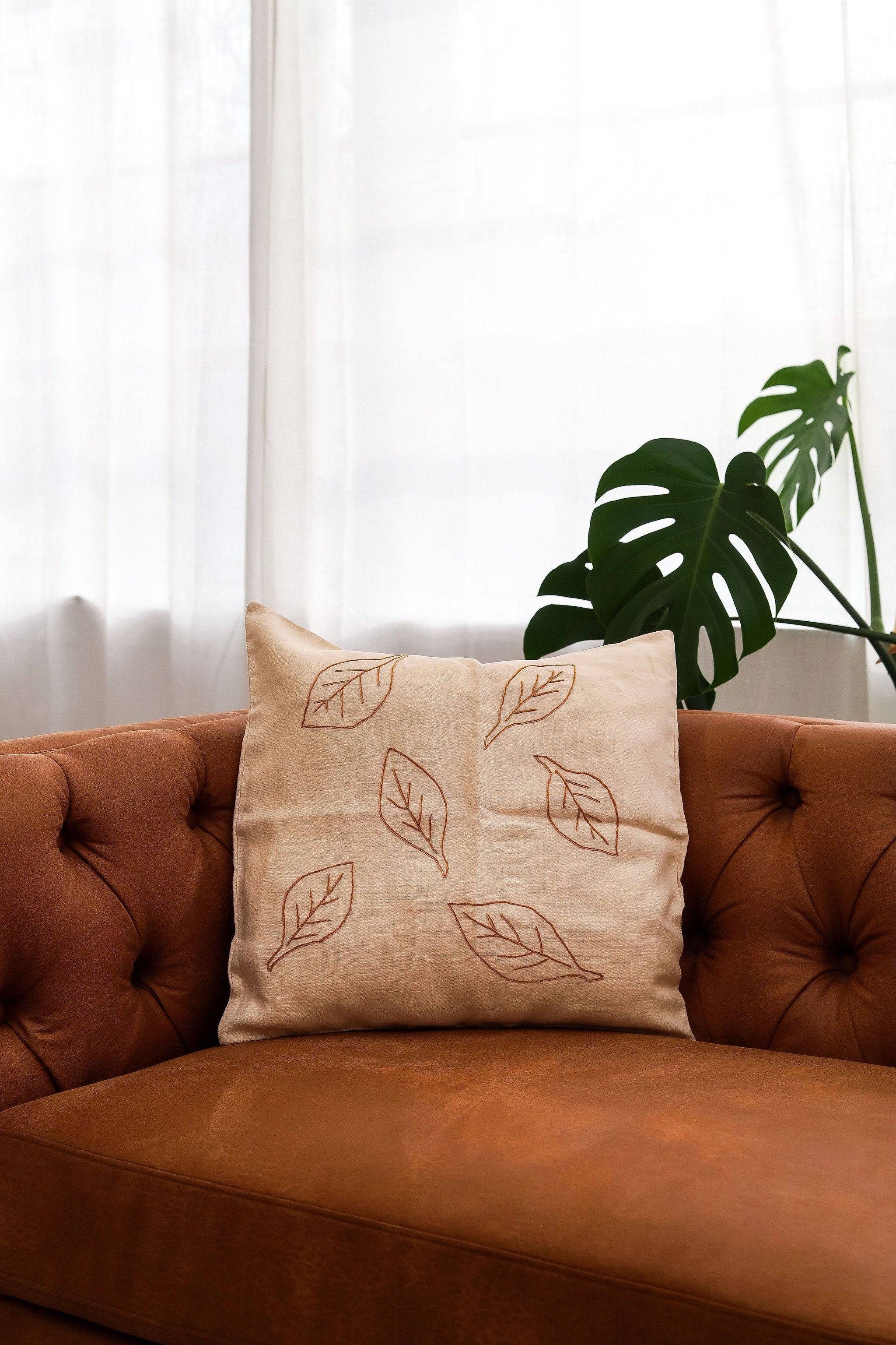 Embroidered Ochre Leaf Pillow Cover