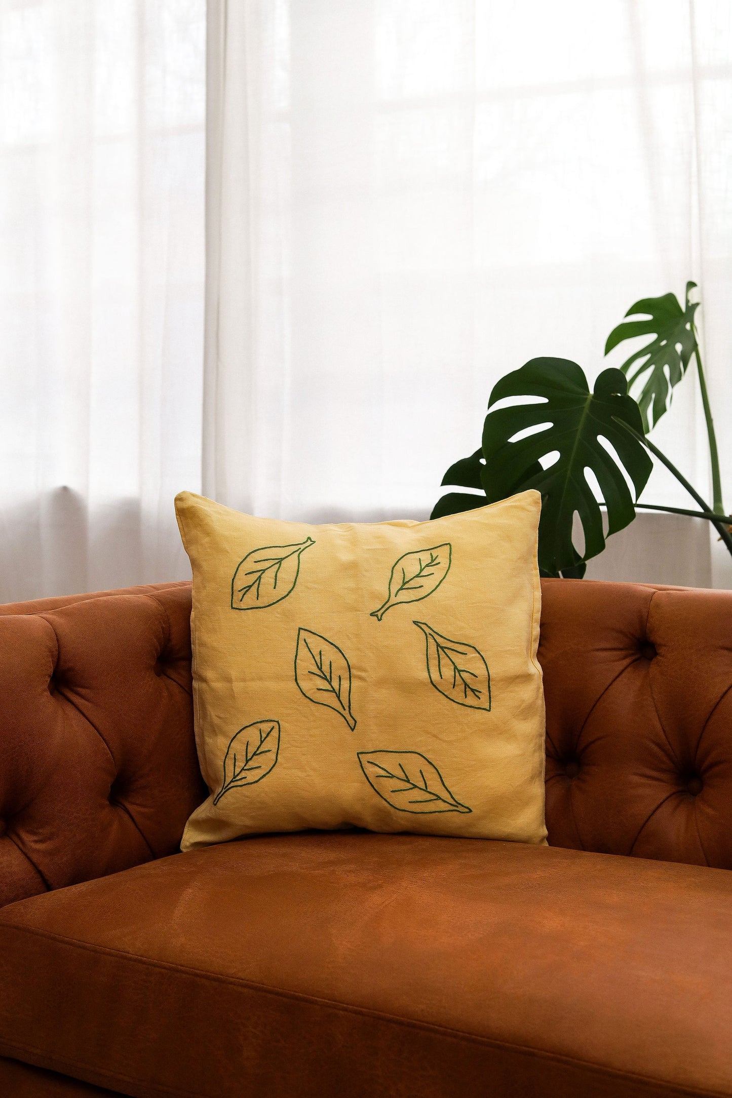 Embroidered Green Leaf on Yellow Pillowcase