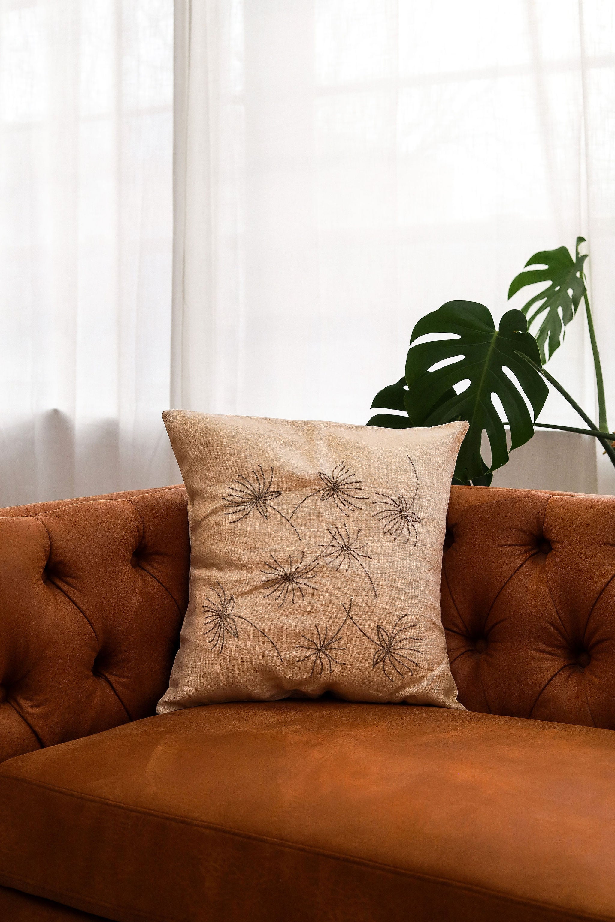 Embroidered Soft Grey Wildflower Pillow Cover