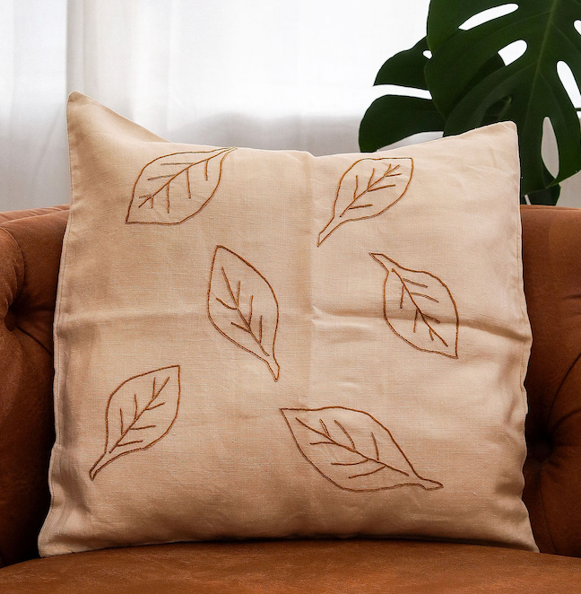 Embroidered Ochre Leaf Pillow Cover