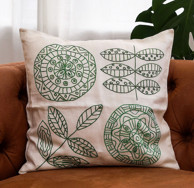 Embroidered Green Mandala Leaf on White Pillowcase