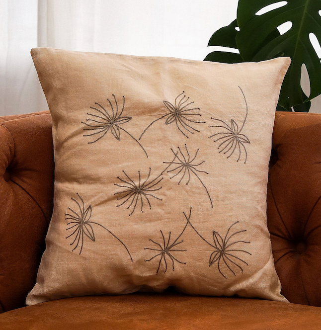Embroidered Soft Grey Wildflower Pillow Cover